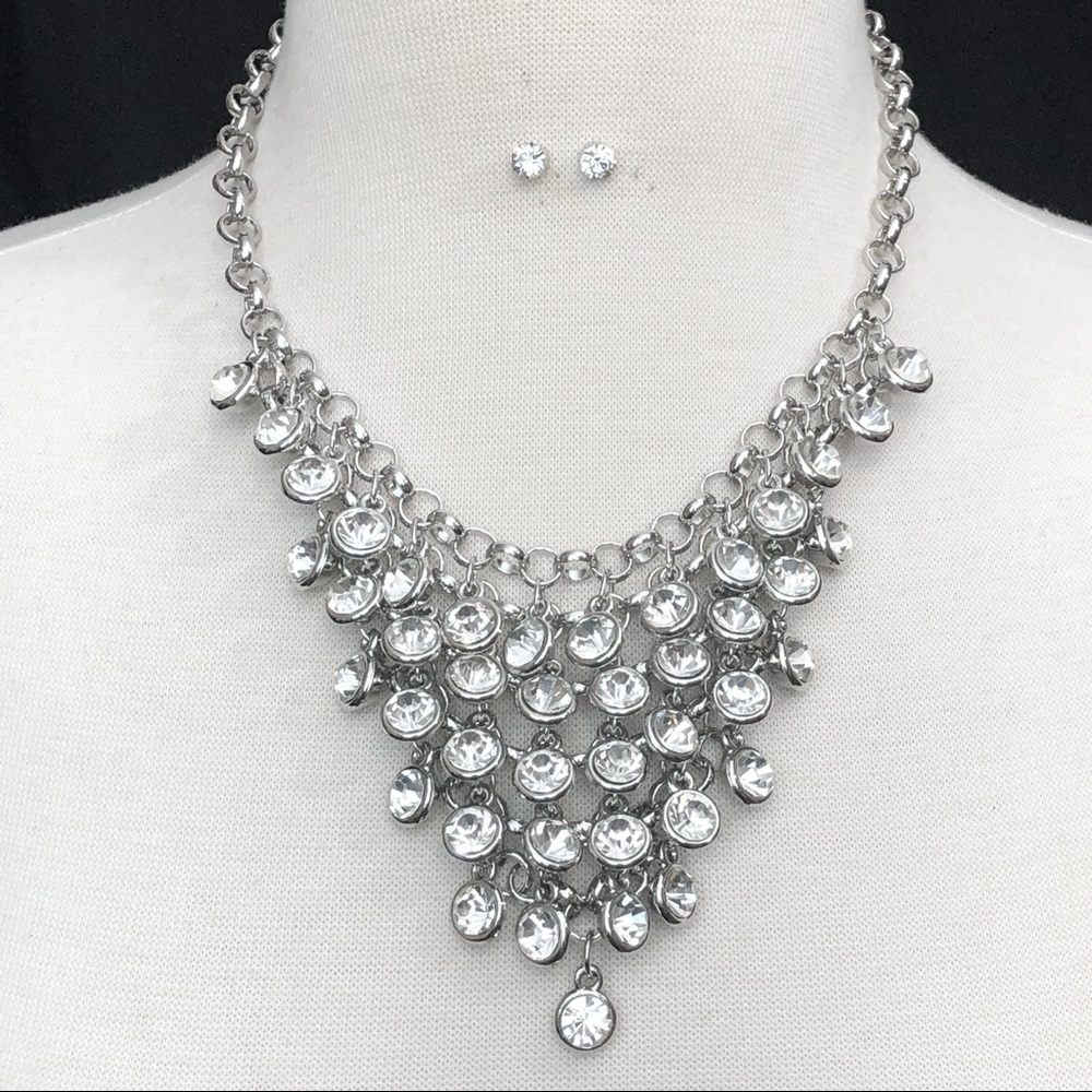 Cascading Rhinestone Silver Bib Necklace Set - Picture 3 of 3